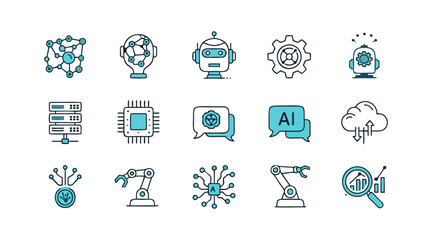 Vector Illustration of AI, Robotics, and Technology Icons Featuring Machine Learning, Robotics, Cloud Computing, and Data Analysis
