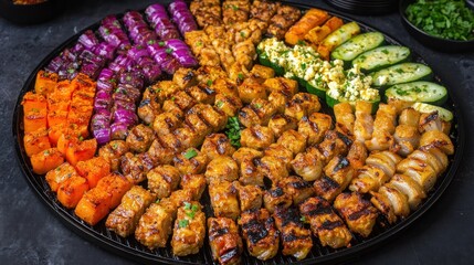 Colorful assortment of grilled meats and vegetables on a platter.