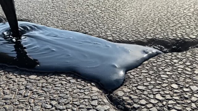 Pouring Asphalt to Patch Pothole on Road Surface