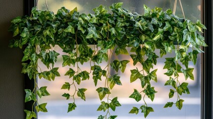 Hanging ivy plant decorates a window.
