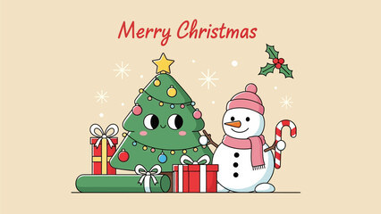 A cartoon snowman and Christmas tree standing together with gifts and decorations
