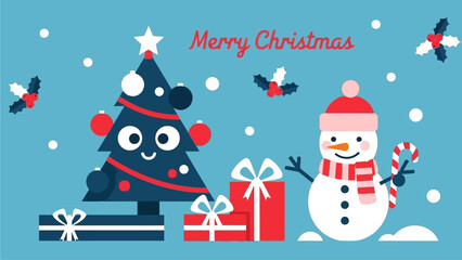 A festive Christmas scene featuring a cartoon tree, snowman, and gifts in a winter wonderland setting