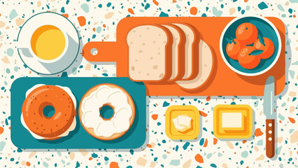 Top View Of A Delicious Breakfast Spread With Toasted Bagels, Sliced Bread, Butter, And Fruit On A Speckled Surface