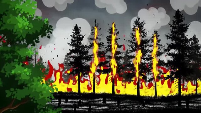 A dramatic digital painting of a forest fire devouring trees with smoke