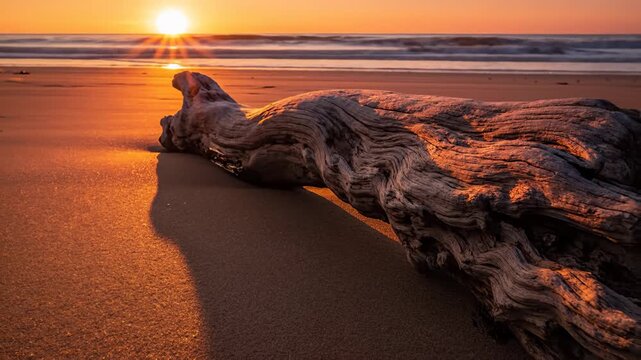 Sun Setting Over a Large Piece of Driftwood on Sandy Beach