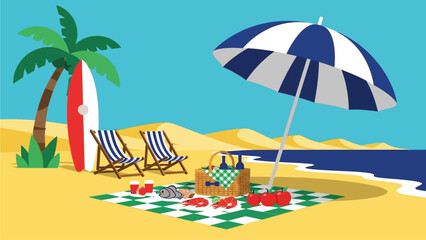 Obraz premium A vibrant illustration capturing the essence of a perfect summer day on a sandy beach, complete with a striped umbrella, comfortable chairs, a surfboard, and a delightful picnic spread by the ocean