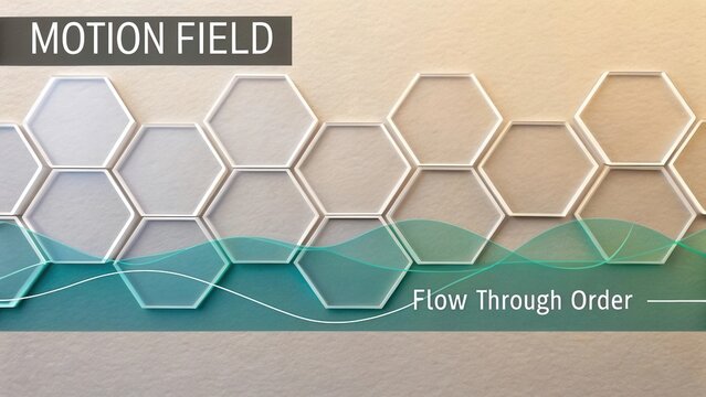 Abstract Concept of Motion Field with Hexagonal Shapes and Flowing Waves Representing Dynamic Order and Structure - Powered by Adobe
