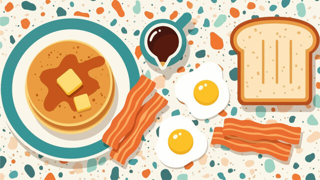 Flat Lay Illustration of a Classic Hearty Breakfast Featuring Fluffy Pancakes, Crispy Bacon, Fried Eggs, Toasted Bread, and Aromatic Coffee for a Wholesome Morning Meal