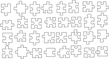 A collection of hand-drawn puzzle pieces scattered on a white background, symbolizing problem solving Vector