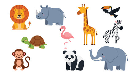 Fototapeta premium Set of cute cartoon safari and jungle animals including a lion, elephant, giraffe, zebra, and panda for children's designs.
