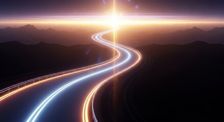 Fototapeta premium Winding highway illuminated with vibrant neon light trails stretches toward a bright horizon over dark mountain silhouettes