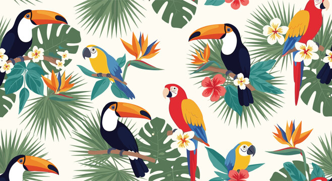 Seamless tropical pattern featuring colorful toucans, macaw parrots, hibiscus flowers, and exotic palm leaves on a light background.