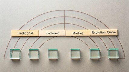 Analysis of Business Strategy Framework with Wooden Blocks and Glass Cubes on a Neutral Background for Educational Use