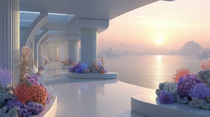 White Architectural Corridor At Sunrise With Coral Plants