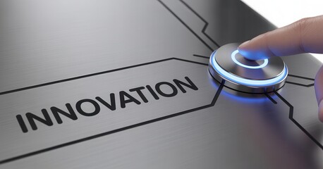 Finger pressing a glowing blue button labeled innovation