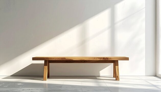 A wooden bench stands against a white textured wall illuminated by bright diagonal sunlight casting shadows across the room - Powered by Adobe