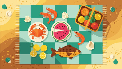 Summer Picnic Spread Featuring Fresh Seafood, Fruits, and Watermelon on a Blanket