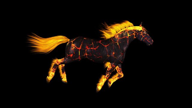 Fire Horse - Fantasy Creature - Chinese Zodiac Animal 2026 - Gallop Loop - Side Close Up View - Alpha Channel - Full HD 3D fantasy creature animation isolated on transparent background