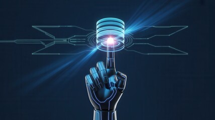 Robot hand touching digital data server or database icon. Artificial intelligence, cloud computing, and big data concept.