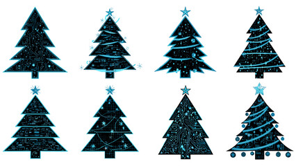 Fototapeta premium Set of black christmas trees with blue lights