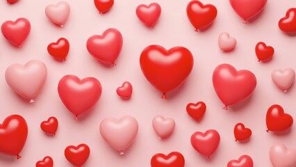 Vibrant heart balloons floating on soft pink background for Valentine's Day