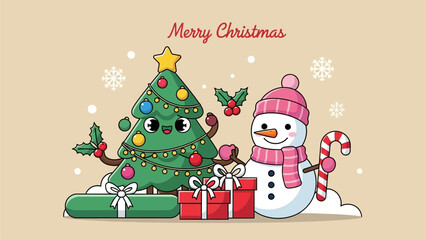 Merry Christmas card featuring a happy Christmas tree and a snowman with presents and candy cane