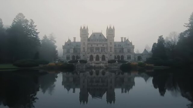 An Elegant Gothic Castle Framed by Misty Trees Reflected on a Serene Lake