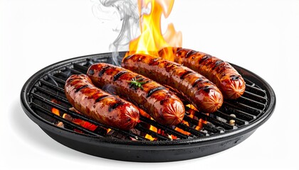 Grilled sausages on a barbeque with flames, perfect for summer cookouts, bbq menus, food blogs, and restaurant promotions.