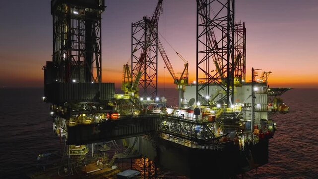 Aerial view from a drone of big jack up offshore drilling oil rig, production platform and supply vessel In the ocean during sunset - Oil and Gas Industry
