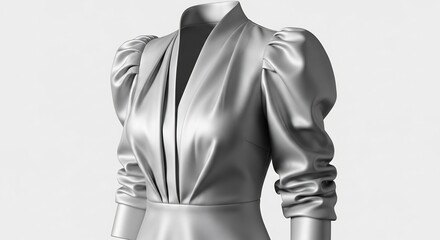 Obraz premium Elegant Silver Dress with Puff Sleeves and V-Neckline.