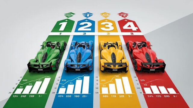 Four colorful 3d rendered open-wheel formula race cars are lined up on numbered lanes with bar graphs, symbolizing motorsport competition, speed, and performance data.