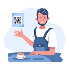 Barista Shows QR Code for Digital Payment in Coffee Shop.Flat illustration of modern payment method in coffee shop
