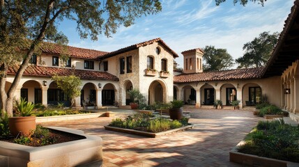 Obraz premium Mediterranean Mansion Courtyard: Architectural Grandeur and Tranquil Oasis