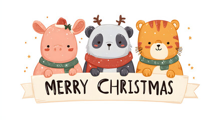 Cute animal characters holding a Merry Christmas letterings