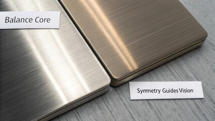 Elegant metallic surfaces showcasing balance and symmetry with labels that describe unique design elements and guiding principles