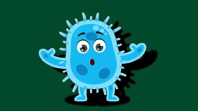 Cheerful Blue Cartoon Microbe with Spikes Waving Its Arm in Greeting