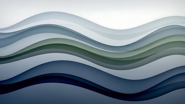 A modern abstract design of undulating waves in a cool-toned palette of deep navy, slate grey, and muted forest green. The layered, paper-cut style creates a sense of depth and fluid motion.