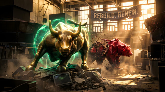A bullish green bull charges past a bearish red bull in a desolate cityscape representing finance and stock market concept.