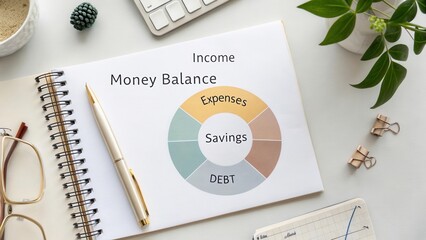 Financial Planning Concept with Income, Expenses, Savings, and Debt Illustrated on Notebook and Desk Items