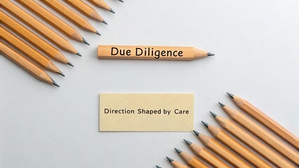 Focused Concept of Due Diligence with Pencils Arranged in Order and a Card with the Text Direction Shaped by Care