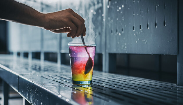 Pre-Workout Drink Mix. Fitness Resolutions - New Beginnings & Fresh Start. A person's hand stirring a spoon in a glass containing a pink or yellow pre-workout drink mix set on a locker room bench.
