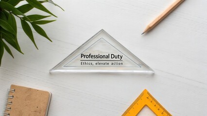 Glass Triangle Object Symbolizing Professional Duty with Text, Stationery and Green Plant on Desk Surface for Business Ethics