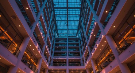 Fototapeta premium Architectural Atrium: Ascending View of Modern Building with Glass Ceiling and Warm Interior Lighting
