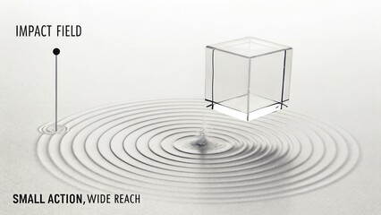 Impact Field Demonstration with Clear Cube Creating Ripple Effect in Water Surface for Educational and Artistic Purposes