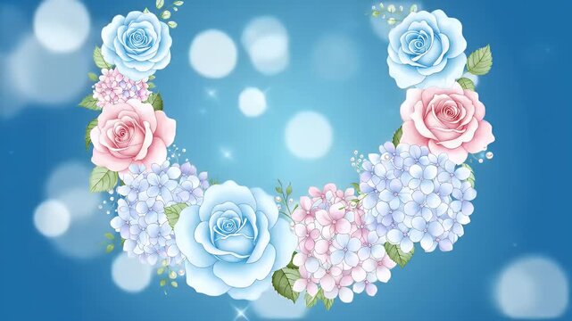 Delicate Floral Corner Border Featuring Blue and Pink Roses on a Bright Blue Background