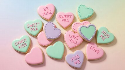 Obraz premium Colorful heart shaped cookies with sweet Valentine's Day messages
