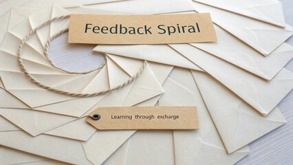 Learning and Improvement Concept with Feedback Spiral and Envelopes on White Wooden Surface for Creative Projects
