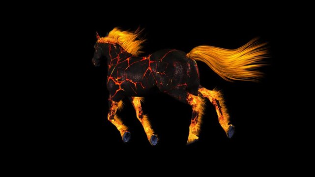 Fire Horse - Fantasy Creature - Chinese Zodiac Animal 2026 - Gallop Loop - Back Angle Close Up - Alpha Channel - Full HD 3D fantasy creature animation isolated on transparent background