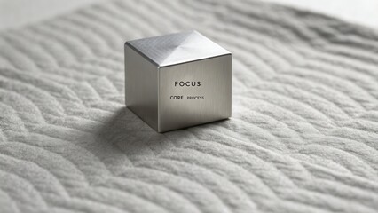 Metallic cube with a polished surface labeled "Focus" resting on a textured fabric background in soft natural light