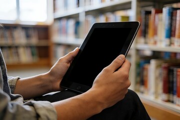 tablet. Blank tablet screen mockup held by a student in a library. education apps, e-learning, designed for online course promotions and digital reading.